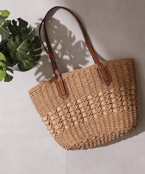 ブラウン編み込みかごバッグ トートバッグ PU使い 編み込み かごバッグ / PU woven basket bag