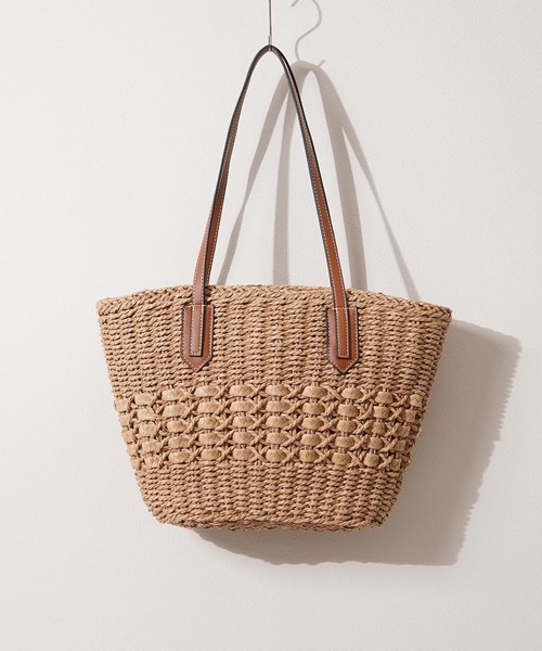トートバッグ PU使い 編み込み かごバッグ / PU woven basket bag