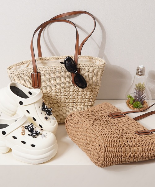 トートバッグ PU使い 編み込み かごバッグ / PU woven basket bag