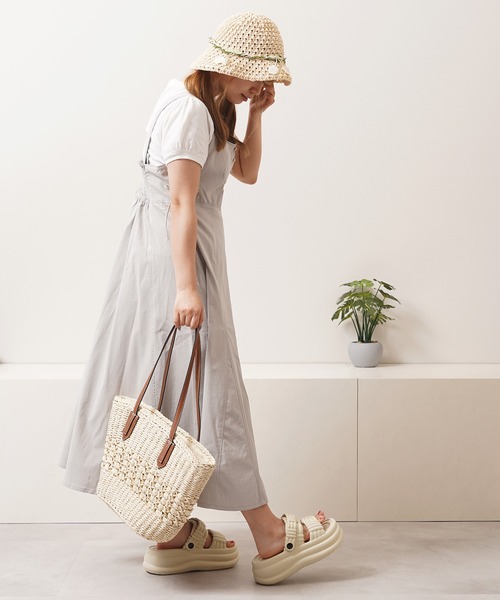 トートバッグ PU使い 編み込み かごバッグ / PU woven basket bag