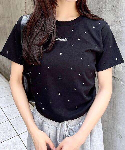 INGNI tシャツ サイドギャザーラインストーン飛ばしプレート付T