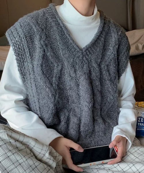 CELENA BEATS ベスト ジレ ケーブル ニット オーバーベスト メンズ