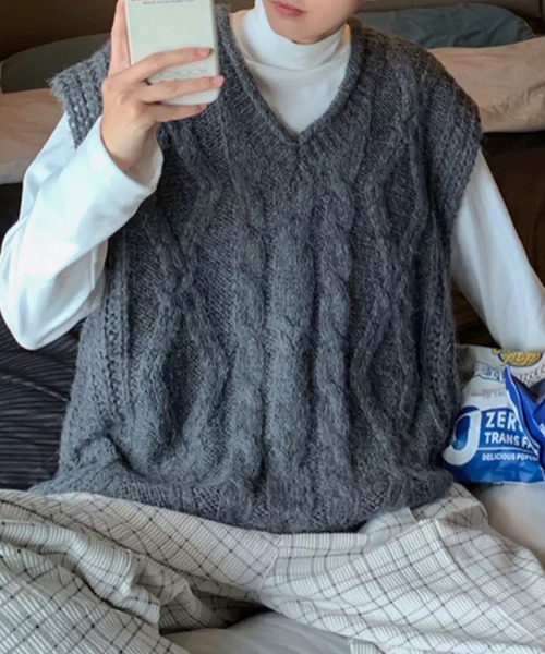 CELENA BEATS ベスト ジレ ケーブル ニット オーバーベスト メンズ