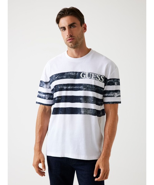 GUESS（ゲス） tシャツ Crew Neck Short Sleeves Faded Stripes Tee