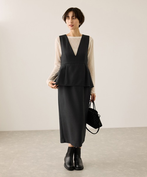 ロペピクニック　レイヤード風ペプラムジャンパースカート　ダークブラウン ROPE' PICNIC（ロペ ピクニック） ジャンパースカート 「新色追加