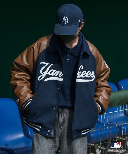 Perushu×MLB Yankees スタジャン ネイビー/ブラウン Perushu スタジャン「MLBコラボ」 X-LARGE ネイビー メンズ : ZOZOTOWN