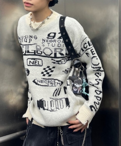 lilful セーター ニット レーシングロゴ 裾ダメージニット メンズ lilful セーター ニット レーシングロゴ 裾ダメージニット メンズ