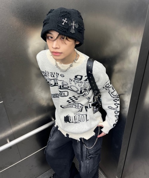 lilful セーター ニット レーシングロゴ 裾ダメージニット メンズ lilful セーター ニット レーシングロゴ 裾ダメージニット メンズ