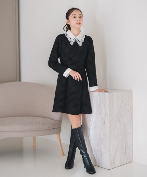 miumiu ツイード　レース襟　ワンピース mysty woman（ミスティウーマン） ワンピース レース襟付き微起毛