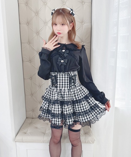 MA＊RSリボン付きレース装飾ミニスカート（ショートパンツ） MA*RS（マーズ） スカート レースアップリボン3段フリルスカパン