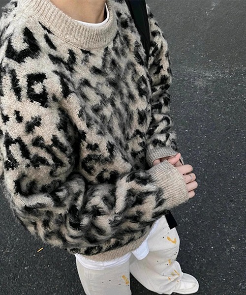NO WAY ニット セーター /Bz/シャギーヒョウ柄オーバーサイズニット