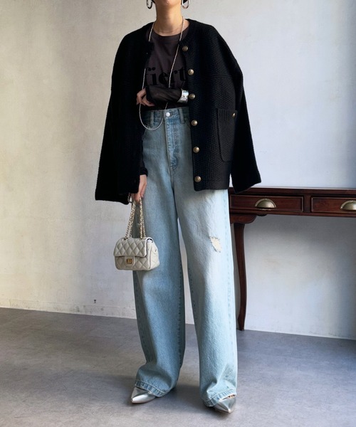 「DouDou」 ニットカーディガン FREE オフホワイト レディース_画像3