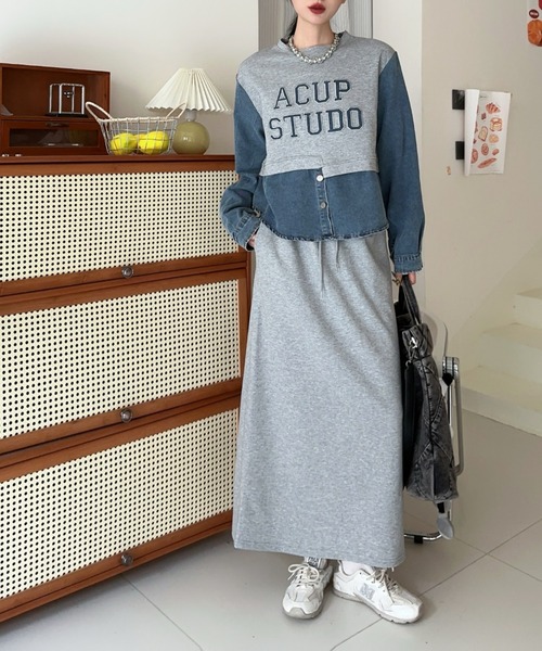 FAVORITO セットアップ デニム切り替えスウェットトップススカート