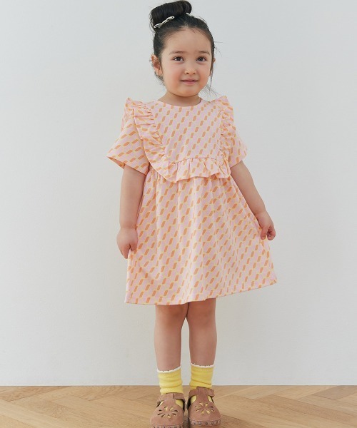 ワンピース 「吸汗速乾」幾何学柄フリル半袖ワンピース キッズ 子供服