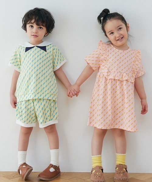 ワンピース 「吸汗速乾」幾何学柄フリル半袖ワンピース キッズ 子供服