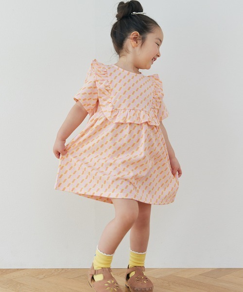 ワンピース 「吸汗速乾」幾何学柄フリル半袖ワンピース キッズ 子供服