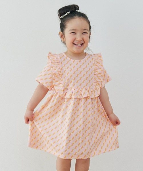 ワンピース 「吸汗速乾」幾何学柄フリル半袖ワンピース キッズ 子供服