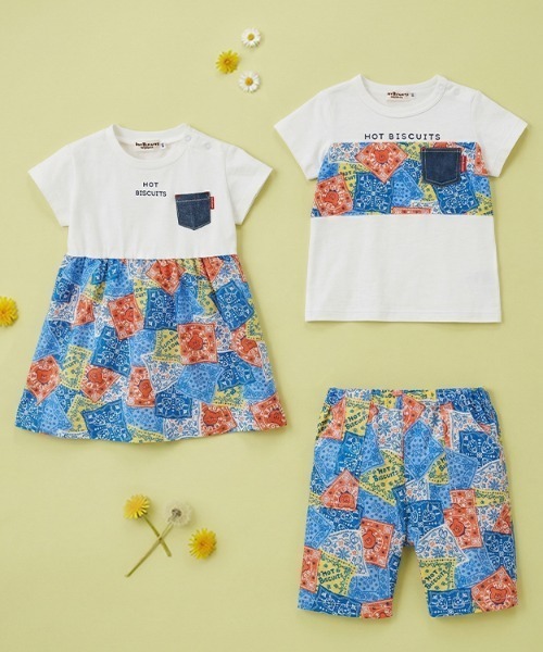 ワンピース バンダナ柄 切り替えフレアワンピース キッズ 子供服 女の子の画像