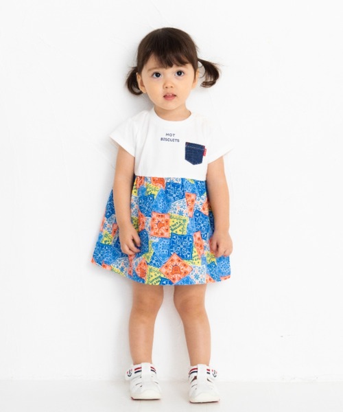 ワンピース バンダナ柄 切り替えフレアワンピース キッズ 子供服 女の子の画像