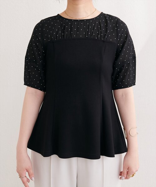 HYEON ツブツブブラウス　 ペプラムトップス 半袖 natural couture tシャツ 半袖 シアーペプラムトップス レディース