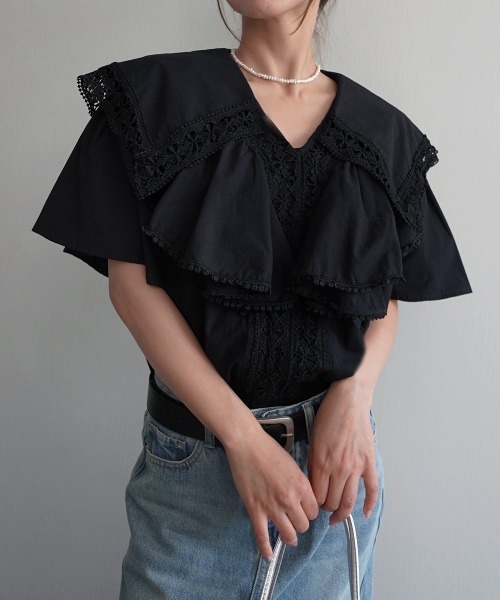 美品 heve ヘイヴ ケープドッキングブラウス　ブラック Rashik ブラウス シャツ 「Rashik」ビッグカラーケープブラウス