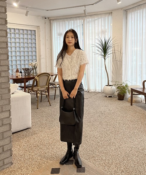 by muni:r ブラウス シャツ シャギー半袖クロップドガーディガン