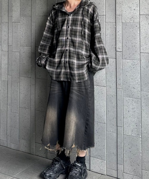Chikashitsu+ シャツ 「Chikashitsu +」glen check hooded shirt
