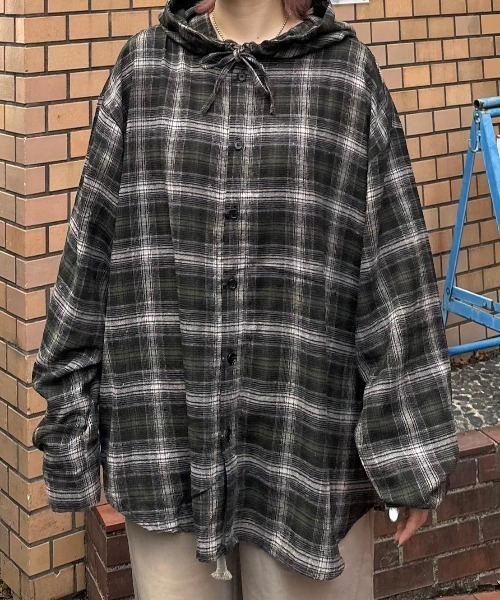 Chikashitsu+ シャツ 「Chikashitsu +」glen check hooded shirt