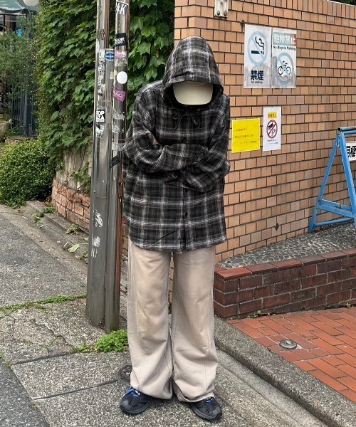 Chikashitsu+ シャツ 「Chikashitsu +」glen check hooded shirt