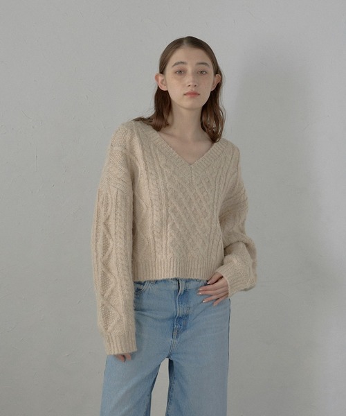 ニット セーター 「MINERTE」cropped vneck cable knit pullover / クロップドケーブル編みニット レディース MINERTE ニット セーター 「MINERTE」cropped vneck cable knit