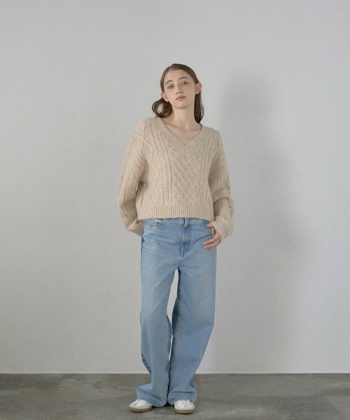 ニット セーター 「MINERTE」cropped vneck cable knit pullover / クロップドケーブル編みニット レディース MINERTE ニット セーター 「MINERTE」cropped vneck cable knit