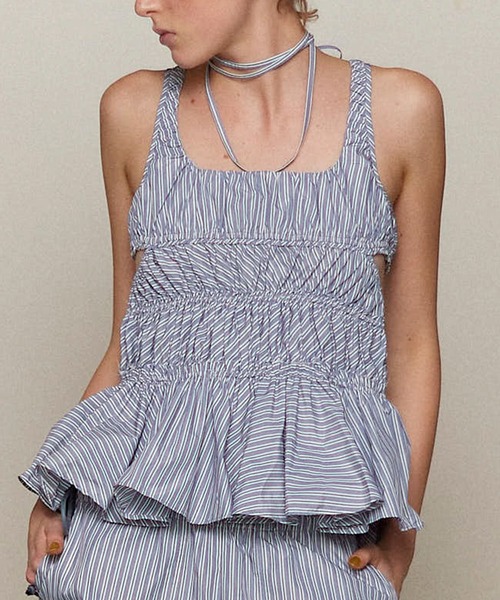 MAISON SPECIAL◆半袖ブラウス/FREE/ポリエステル/NVY/21231415807// 2way Shirring Taffeta Blouse/2WAYシャーリングタフタブラウス