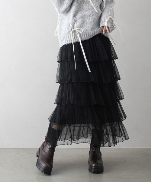 グレー チュール ロングスカート フリル付き3枚セット Lace Ladies スカート チュール フリル レイヤード ロング