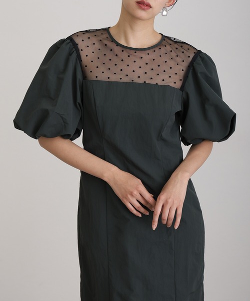 atlo（アトロ） ドレス ミモレ丈＆袖ありフォーマルドットチュール