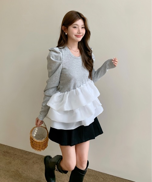 tシャツ バルーンフリルドッキング長袖トップス レディース : ZOZOTOWN