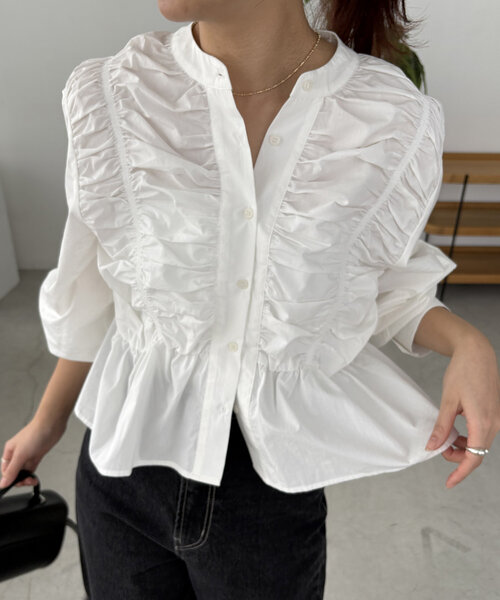 CAPRICIEUX LE'MAGE シャーリングブラウス ホワイト 長袖 CAPRICIEUX LE'MAGE｜シャーリングブラウス | Rakuten Fashion
