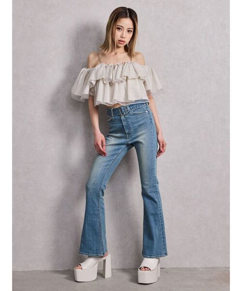 Midasダブルウエスト レースアップ フレアデニム ミダス midas Y2K ダブルウエスト レースアップ スタッズ フレアデニム