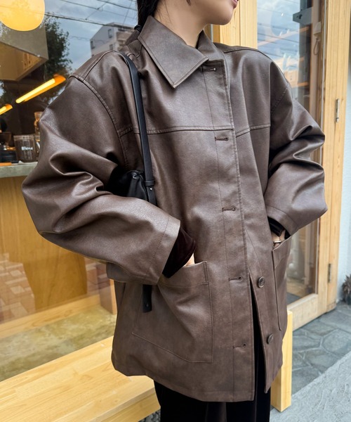 ステンカラーコート コート ステンカラーフェイクレザージャケット