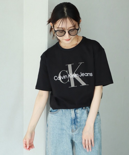 売れ筋商品|||カルバンクライン Tシャツ レディース トップス MONOLOGO V NECK TEE - Print T-shirt - ck black Calvin Klein tシャツ 「Calvin Klein/カルバンクライン」CORE