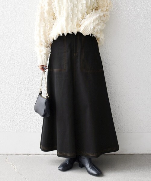 SHIPS any スカート any:「洗濯機可能」チノ ステッチ フレア ロング