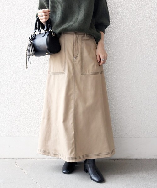 SHIPS any スカート any:「洗濯機可能」チノ ステッチ フレア ロング