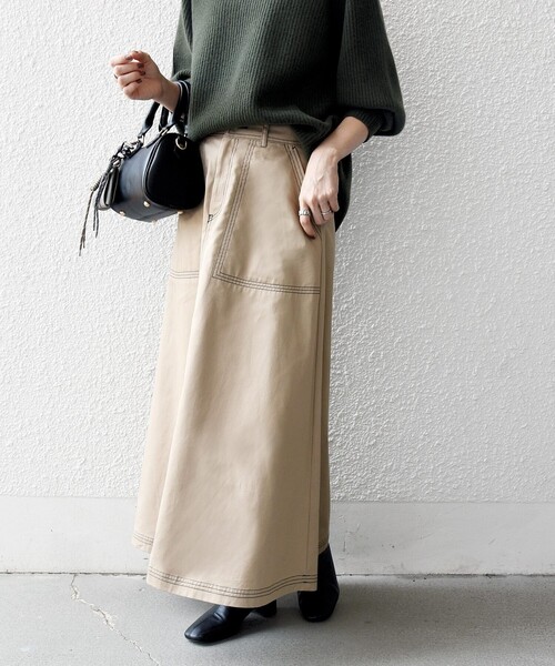 SHIPS any スカート any:「洗濯機可能」チノ ステッチ フレア ロング