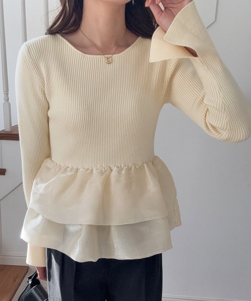 ルフィル　フレアニット　24ss　プルオーバー　ペプラム　シャツ　春夏　完売 LAUIR（ラウアー） ニット セーター フレア袖ペプラムドッキングニット