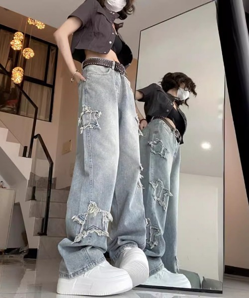 ジーンズ デニム デニムパンツ 星柄アップリケ刺繍 レディース