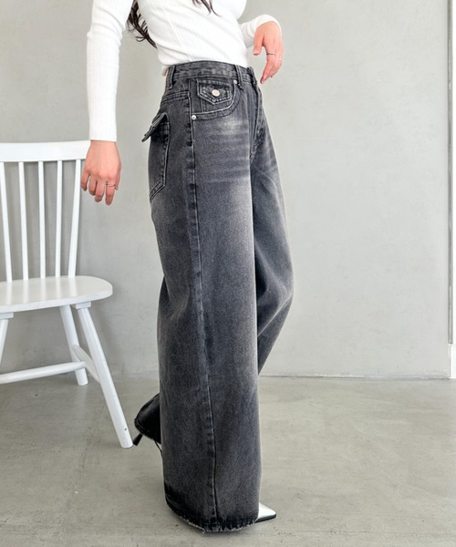 ワイドパンツ ジーンズ デニム デニムパンツ ウォッシュ加工ワイド 