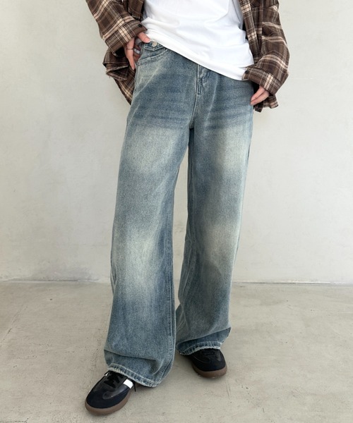 ワイドパンツ ジーンズ デニム デニムパンツ ウォッシュ加工ワイド 
