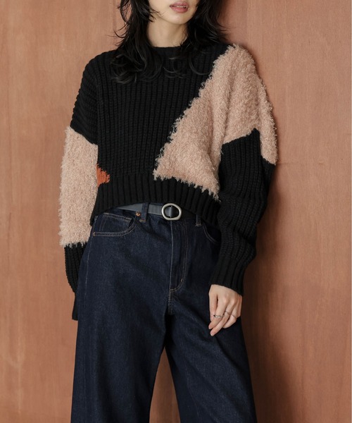 ニット セーター 異素材MIXデザインニットトップス レディース