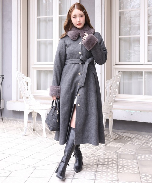 DECODEPUIS1985 フリル襟 ウール ロングコート グレー DECODEPUIS1985 フリル襟 ウール ロングコート グレー