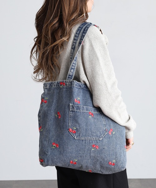 Crossi トートバッグ チェリー刺繍デニムトートバッグ レディース