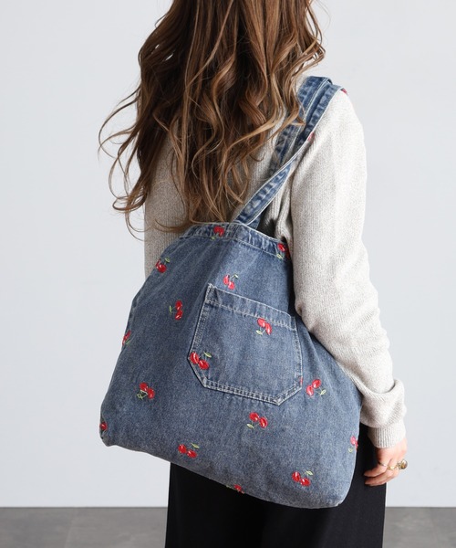 トートバッグ チェリー刺繍デニムトートバッグ レディース : ZOZOTOWN